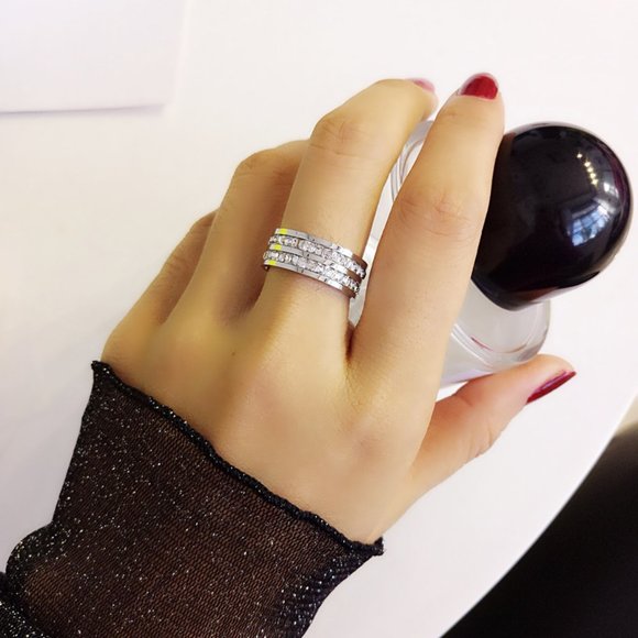 3/$35 Double Row Band Ring Silver Stainless Steel Diamond Crystal Cubic Zirconia - Picture 1 of 7